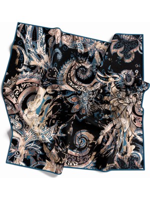 Violla Twill Şal Desenli Petrol Yeşili Renkli 90X90 Eşarp (Ipek Içermez) Kenar Dikiş Şekli El Dikişli