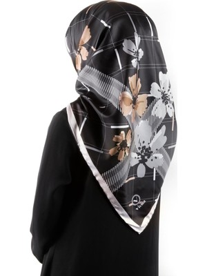 Violla Twill Papatya Desenli Siyah Renkli 90X90 Eşarp (Ipek Içermez) Kenar Dikiş Şekli El Dikişli