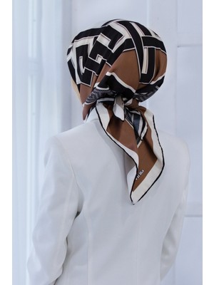 Violla Twill Çizgili Sonsuzluk Düğümü Desenli Bej Renkli 90X90 Eşarp (Ipek Içermez)