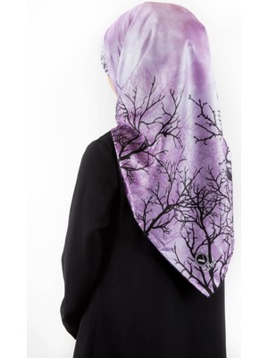 Violla Twill Dolunay ve Ağaç Desenli Lila Renkli 90X90 Eşarp (Ipek Içermez) Kenar Dikiş Şekli El Dikişli