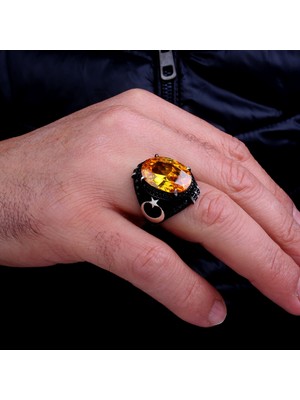 Takı925 925 Ayar Gümüş Sarı Zirkon Taşlı Ayyıldız Model Yüzük