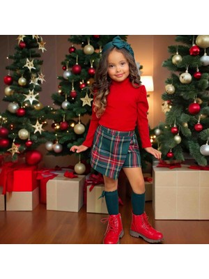 Saltare Kız Çocuk Yeşil Ekoseli Noel Şortetek Green Skirt Christmas For Girls