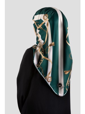 Violla Twill Çizgili Kemer ve Zinci Desenli Petrol Yeşili Renkli 90X90 Eşarp (Ipek Içermez) Kenar Dikiş Şek