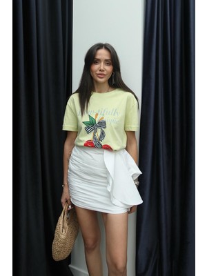 Havoş Sarı Bow Tifully Baskılı Tişört