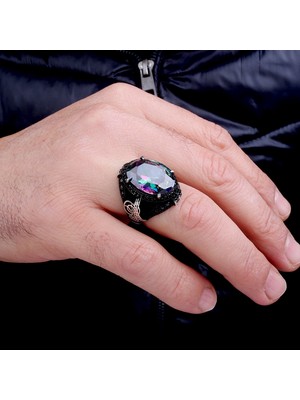 Takı925 925 Ayar Gümüş Mistik Topaz Taşlı Tuğra Model Yüzük