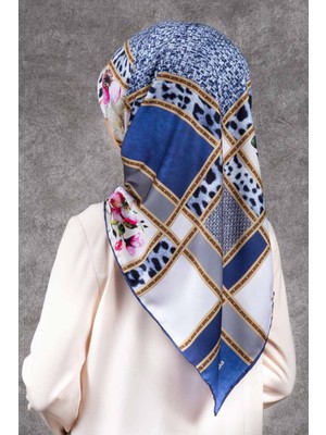 Violla Twill Leopar ve Çiçek Desenli Lacivert - Krem Renkli 90X90 Eşarp (Ipek Içermez) Dikim Şekli : El Dik