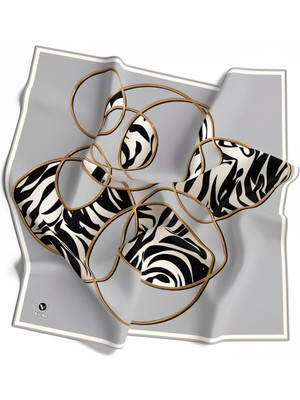 Violla Soft Çember ve Zebra Desenli Gümüş Renkli 90X90 Eşarp (Ipek Içermez) Kenar Dikiş Şekli El Dikişli