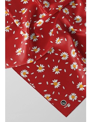 Violla Twill Papatya Desenli Kırmızı Renkli 90X90 Eşarp (Ipek Içermez) Kenar Dikiş Şekli El Dikişli