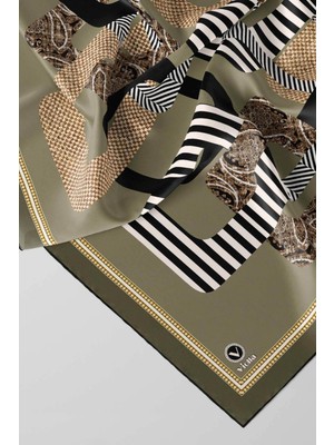 Violla Twill Geometrik Desenli Haki Renkli 90X90 Eşarp (Ipek Içermez) Kenar Dikiş Şekli El Dikişli