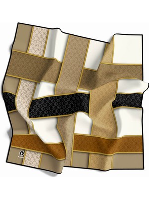 Violla Twill Şeritleri Monogram Desenli Bej - Taba Renkli 90X90 Eşarp (Ipek Içermez) Dikim Şekli : El Dikiş