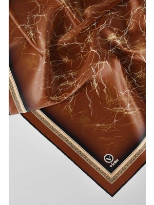 Violla Twill Barok Çerçeveli Mermer Desenli Taba Renkli 90X90 Eşarp (Ipek Içermez) Kenar Dikiş Şekli El Dik