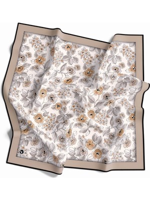 Violla Twill Çıtır Bahar Çiçek Desenli Bej Renkli 90X90 Eşarp (Ipek Içermez) Kenar Dikiş Şekli El Dikişli