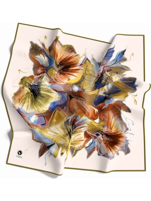 Violla Twill Çiçek Desenli Haki - Turuncu Renkli 90X90 Eşarp (Ipek Içermez) Kenar Dikiş Şekli El Dikişli
