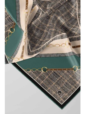Violla Twill Kemer ve Zincir Detaylı Ekose Desenli Petrol Yeşili Renkli 90X90 Eşarp (Ipek Içermez) Kenar Di
