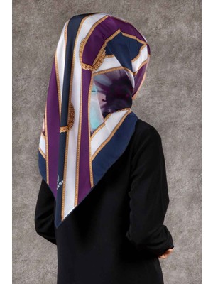 Violla Twill Kemerli ve Çiçek Desenli Indigo - Mürdüm Renkli 90X90 Eşarp (Ipek Içermez) Kenar Dikiş Şekli E