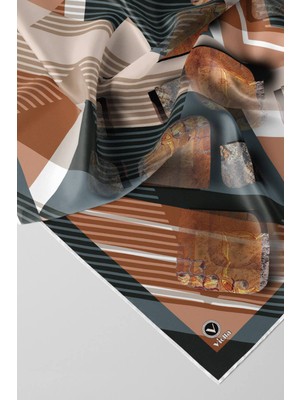 Violla Twill Çizgili ve Geometrik Desenli Somon Renkli 90X90 Eşarp (Ipek Içermez) Kenar Dikiş Şekli El Diki