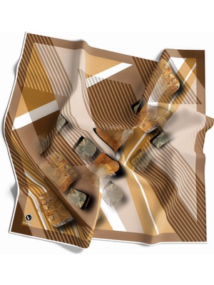 Violla Twill Çizgili ve Geometrik Desenli Sütlükahve Renkli 90X90 Eşarp (Ipek Içermez) Kenar Dikiş Şekli El