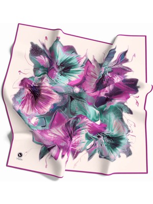 Violla Twill Çiçek Desenli Fuşya - Mint Yeşili Renkli 90X90 Eşarp (Ipek Içermez) Kenar Dikiş Şekli El Dikiş