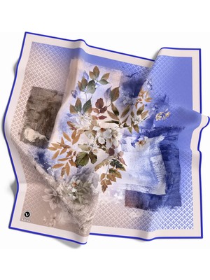 Violla Twill Sonbahar Desenli Saks Mavisi Renkli 90X90 Eşarp (Ipek Içermez) Kenar Dikiş Şekli El Dikişli