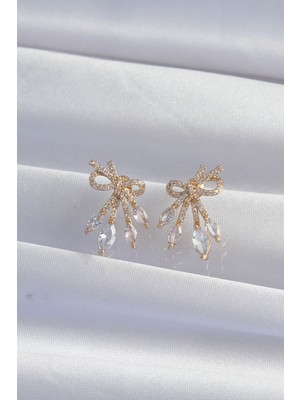 Pirinç Gold Renk Zirkon Taşlı Fiyonk Küpe - Lisinya