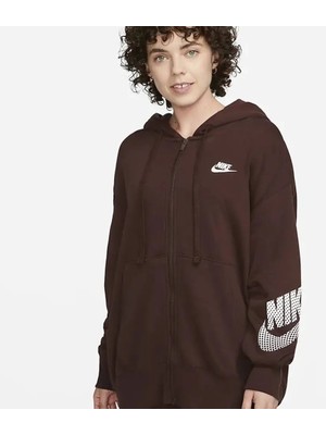 Nike Sportswear Geldance Fleece Full-Zip Hoodie Kadın Oversize Bol Kesim Kahverengi Sweatshirt FD0890-227