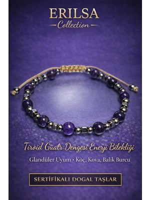 Erilsa Sertifikalı Tiroid ve Guatr Denge Enerji Bilekliği – Koyu Renk Ametist Taşı Terahertz 6mm Doğal Taş