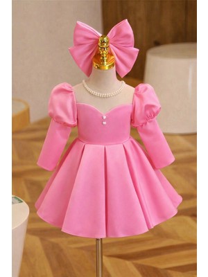 Musgem Özel Tasarım Pembe Uzun Kol Inci Detaylı Kız Çocuk Abiye Elbise