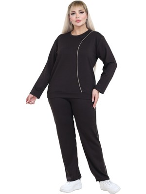 Melsay Butik Siyah Ekru Çizgi Detay Modal Büyük Beden Kadın Eşofman Takımı