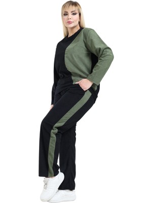 Melsay Butik Siyah Yeşil Fitilli Kadife Yarım Garni Kadın Eşofman Takımı