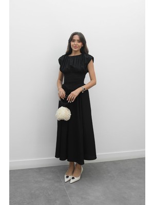 Havoş Siyah Vintage Esintili Drapeli Elbise