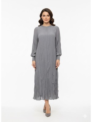 Micca Ipekche Soft Kraş Ribana Kol ve Yaka Detaylı Elbise-Gri