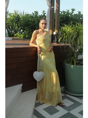 Havoş Sarı Desenli One Shoulder Şifon Elbise