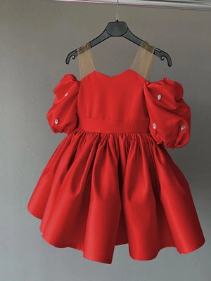 Musgem Özel Tasarım Kırmızı Tül Askılı Taş Detaylı Balon Kol Kız Çocuk Abiye Elbise