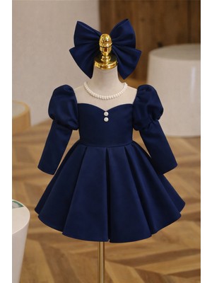Musgem Özel Tasarım Lacivert Uzun Kol Inci Detaylı Kız Çocuk Abiye Elbise