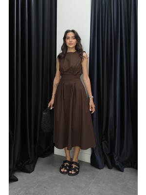 Havoş Kahverengi Pens Detaylı Belden Oturtmalı Keten Elbise