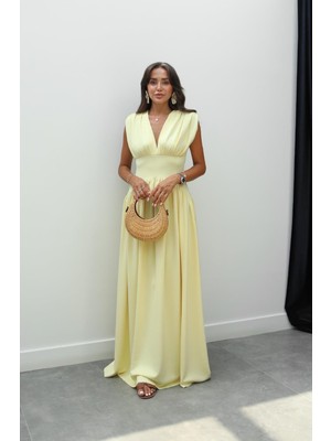 Havoş Sarı Derin V Yaka Belden Oturtmalı Elbise