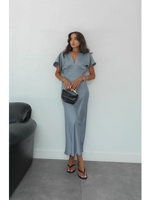 Havoş Gri V Yaka Saten Elbise