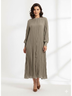 Micca İpekche Soft Kraş Ribana Kol ve Yaka Detaylı Elbise-Vizon