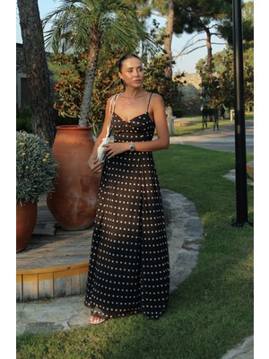 Havoş Siyah Puantiye Desenli Maxi Slip Elbise