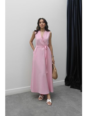Havoş Pembe Loya Kuşaklı Keten Elbise