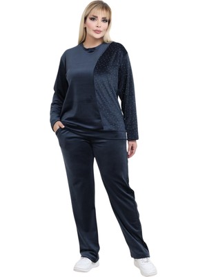 Melsay Butik Parlak Kadife Antrasit Yarım Garni Taşlı Kadın Eşofman Takımı