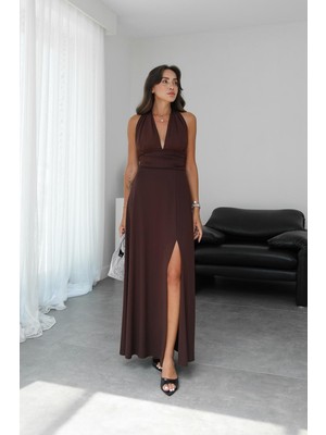 Havoş Kahverengi Boyundan Bağlamalı Elbise