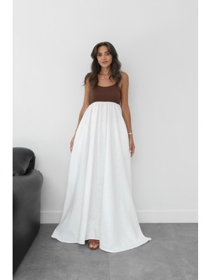 Havoş Kahverengi Patchwork Maxi Keten Elbise