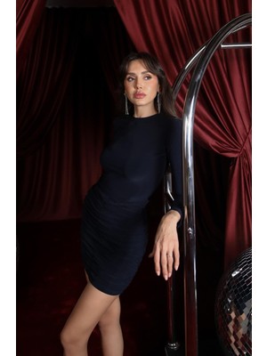 Havoş Lacivert Eliza Drapeli Vatkalı Elbise