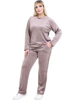 Melsay Butik Parlak Kadife Vizon Yarım Garni Taşlı Kadın Eşofman Takımı