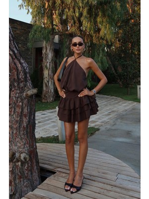 Havoş Kahverengi Curran Kat Kat Fırfırlı Mini Elbise