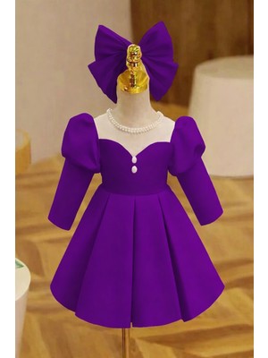 Musgem Özel Tasarım Mor Uzun Kol Inci Detaylı Kız Çocuk Abiye Elbise