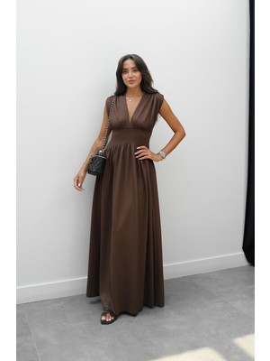 Havoş Kahverengi Derin V Yaka Belden Oturtmalı Elbise