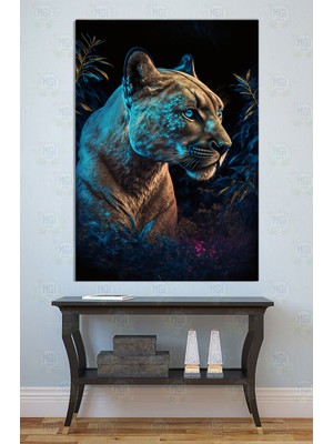 Mgi Design Mavi Neon Işıklı Puma Kanvas Tablo Vahşi Doğa ve Hayvan Temalı Modern Uv Baskı Ofis Dekoru