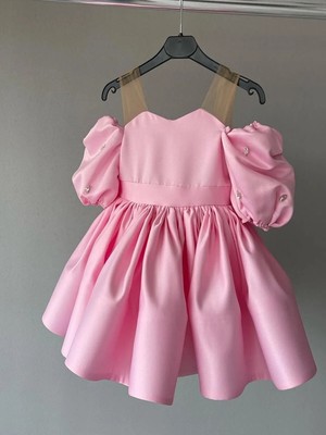 Musgem Özel Tasarım Pembe Tül Askılı Taş Detaylı Balon Kol Kız Çocuk Abiye Elbise